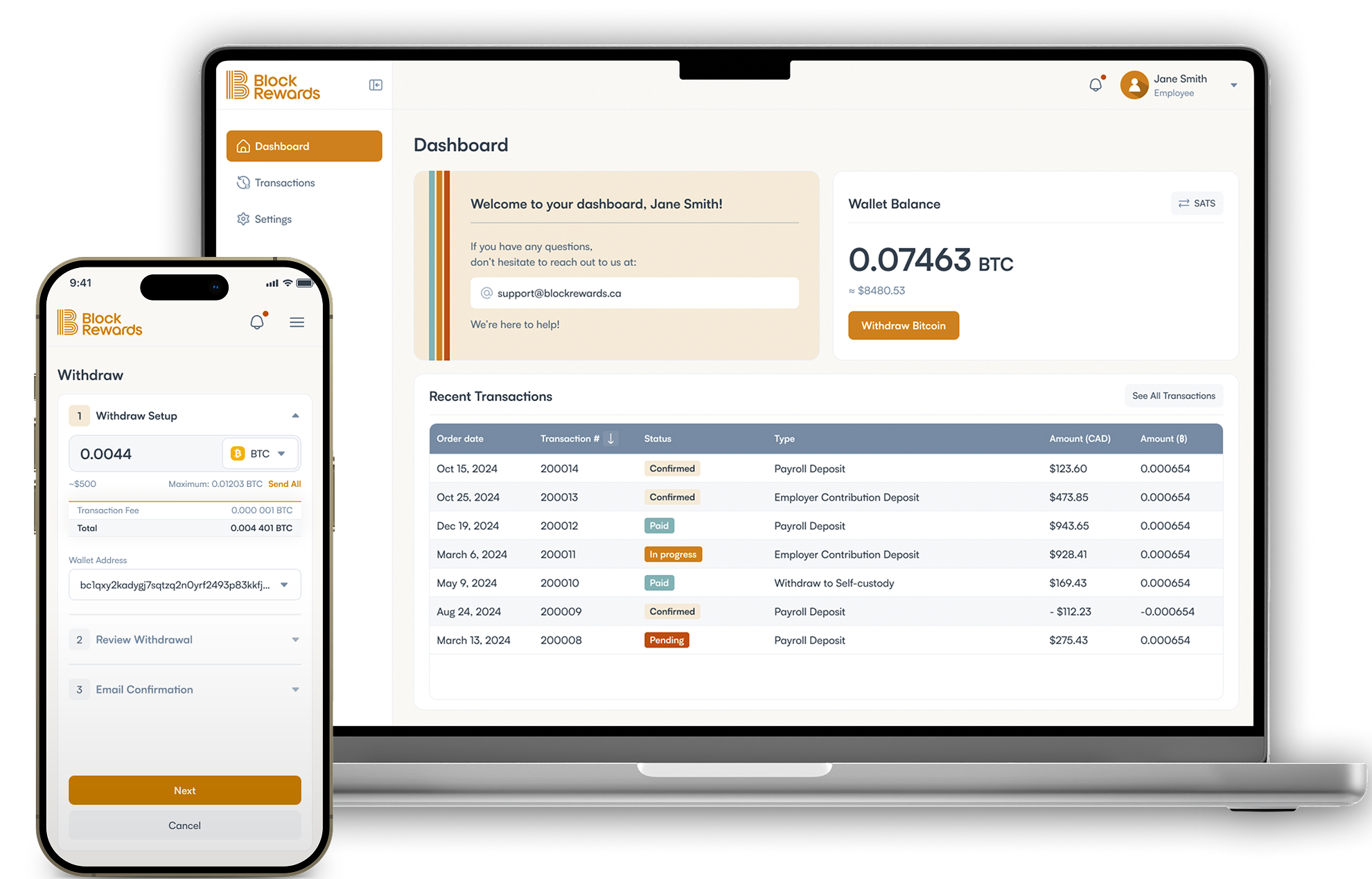 Tableau de bord Block Rewards — portefeuille de l'employé et transactions de paie, sur ordinateur et mobile